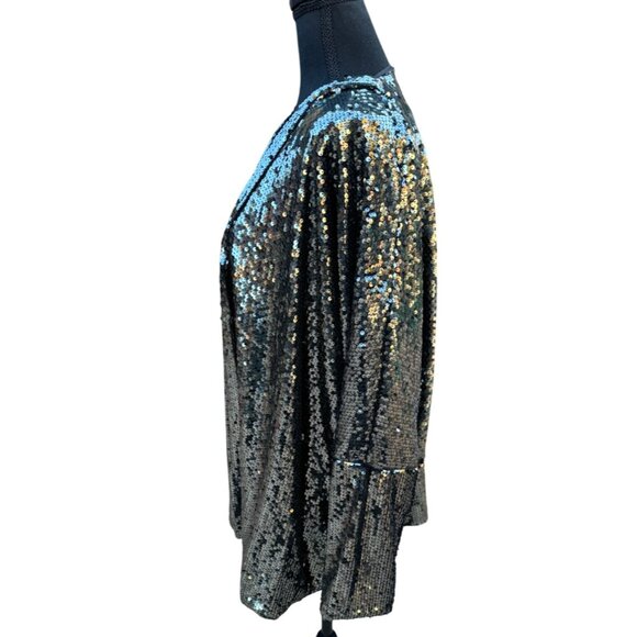 Gee Gee Sequin Open Front Jacket Duster Cardigan M Black Gold Formal Party Disco - Picture 4 of 11